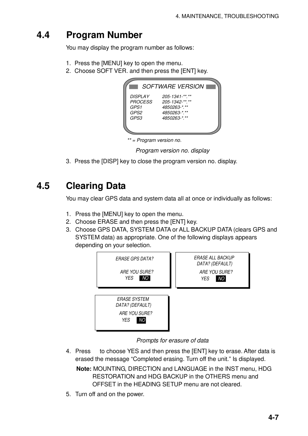 Furuno SC-50 manual Program Number, Clearing Data, Program version no. display, Prompts for erasure of data 