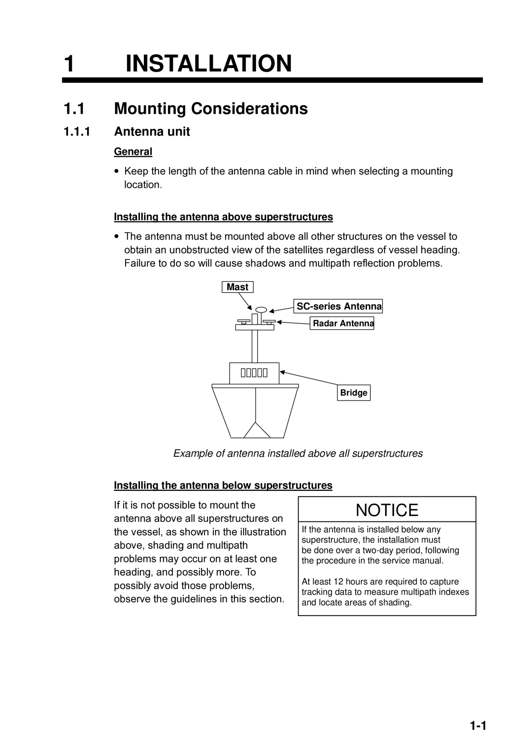 Furuno Sc 50 manual Mounting Considerations, Antenna unit, General, Installing the antenna above superstructures 