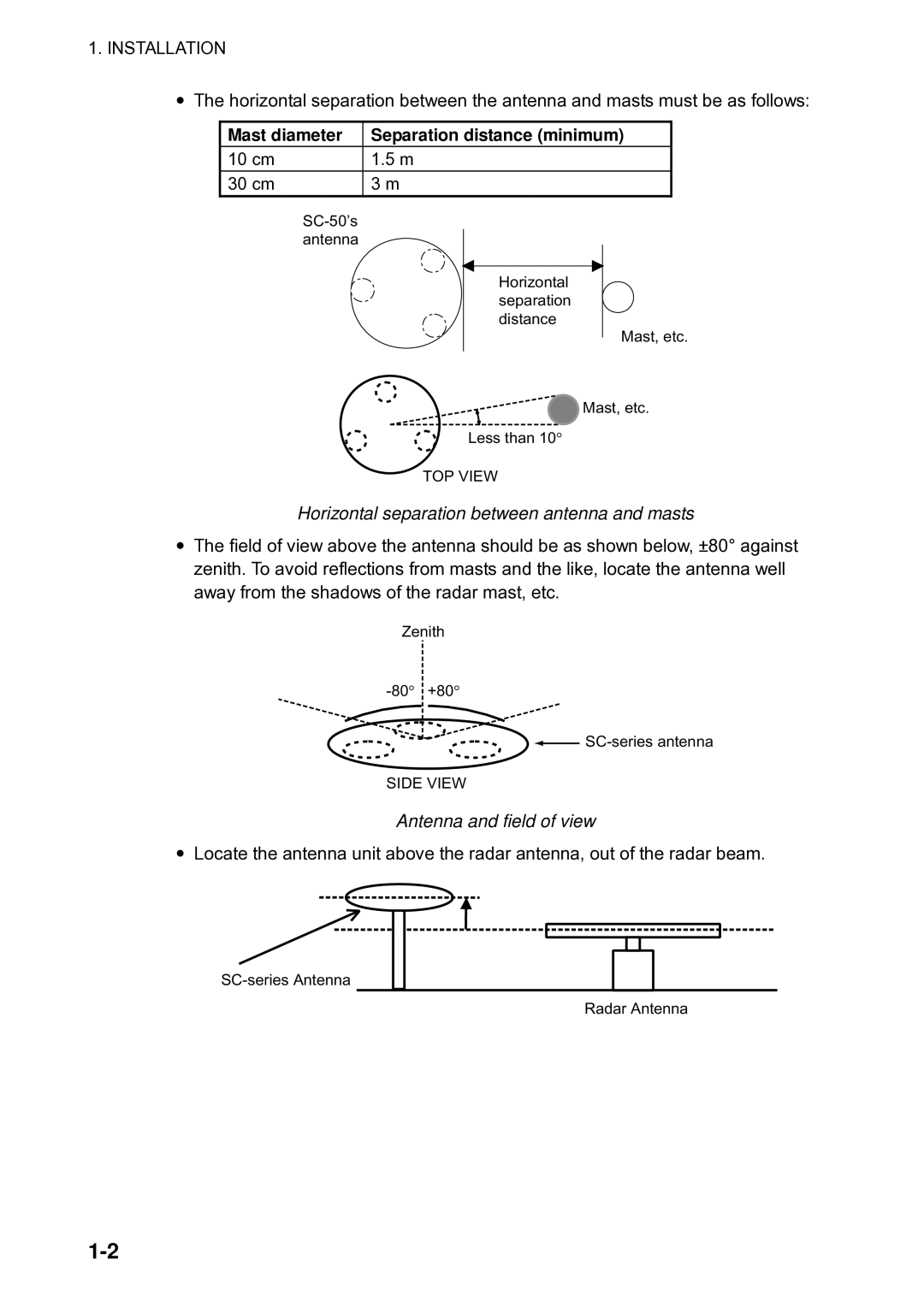 Furuno Sc 50 manual Mast diameter Separation distance minimum, Horizontal separation between antenna and masts 