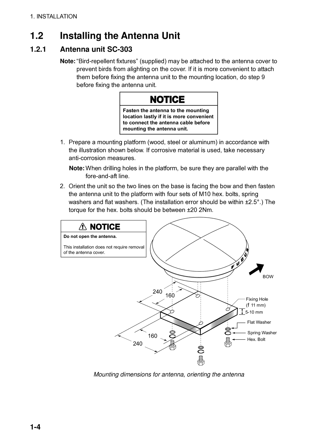 Furuno Sc 50 Installing the Antenna Unit, Antenna unit SC-303, Mounting dimensions for antenna, orienting the antenna 