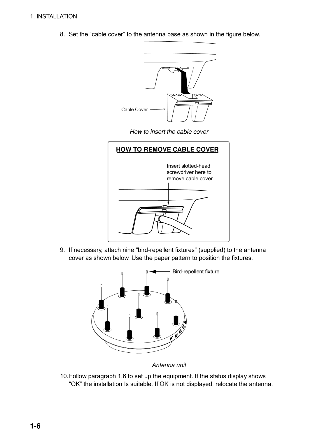 Furuno Sc 50 manual How to insert the cable cover, Antenna unit 