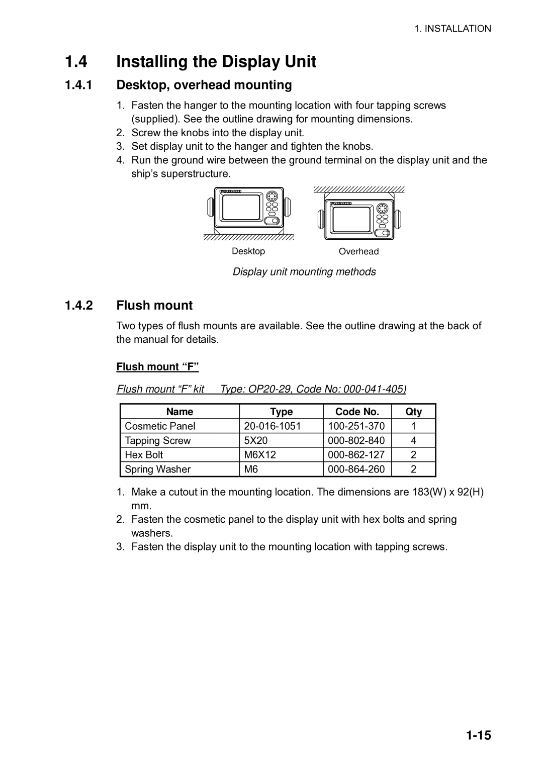 Furuno Sc 50 manual Installing the Display Unit, Desktop, overhead mounting, Flush mount 