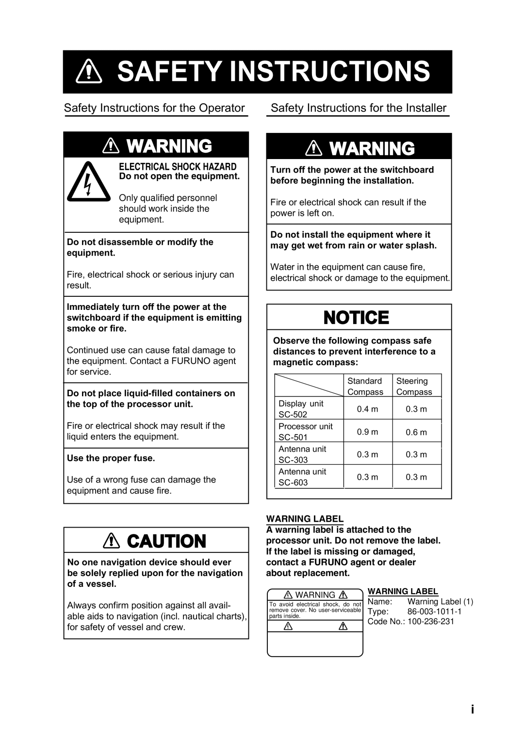 Furuno Sc 50 manual Safety Instructions 