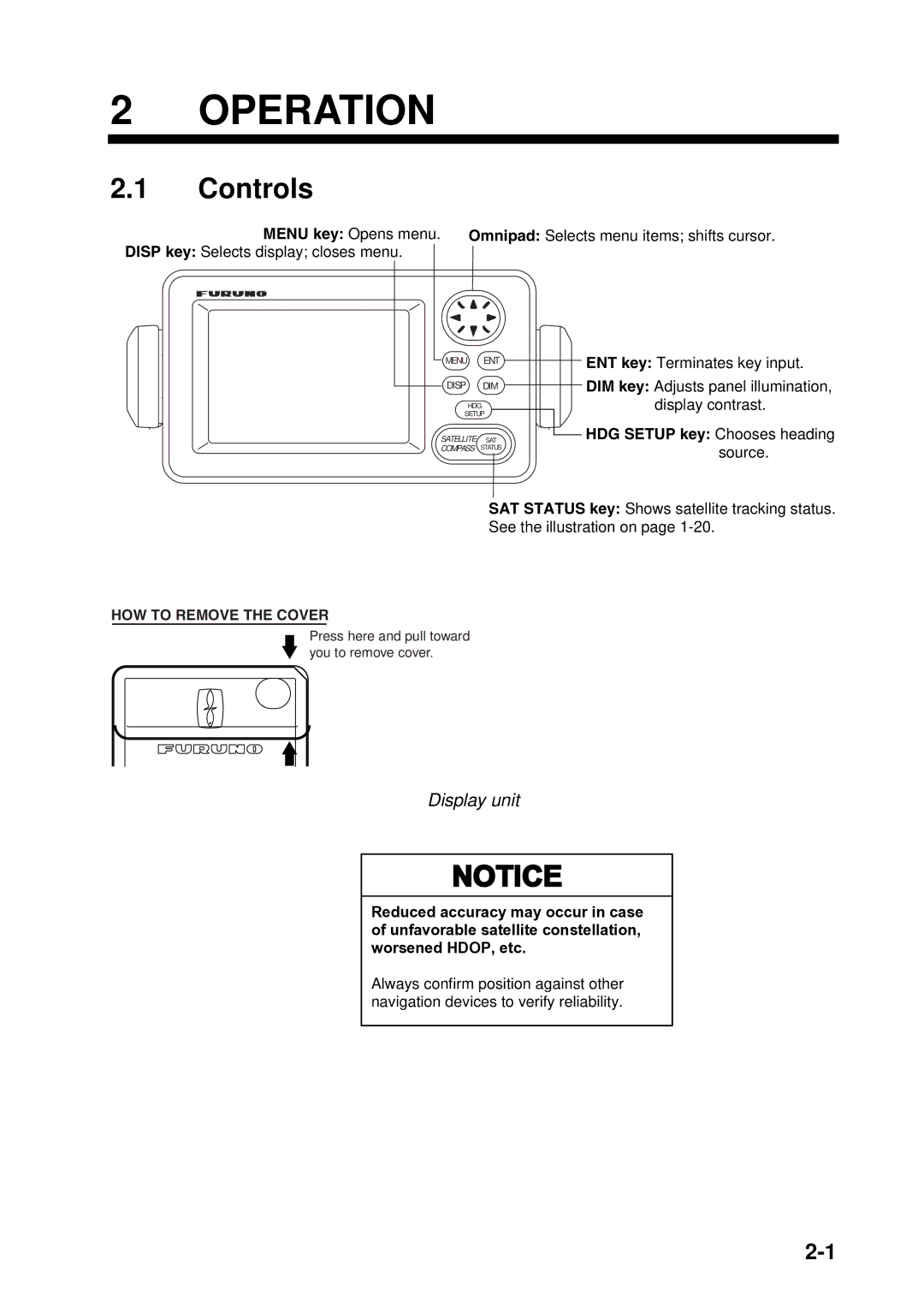 Furuno Sc 50 manual Controls, Display unit 