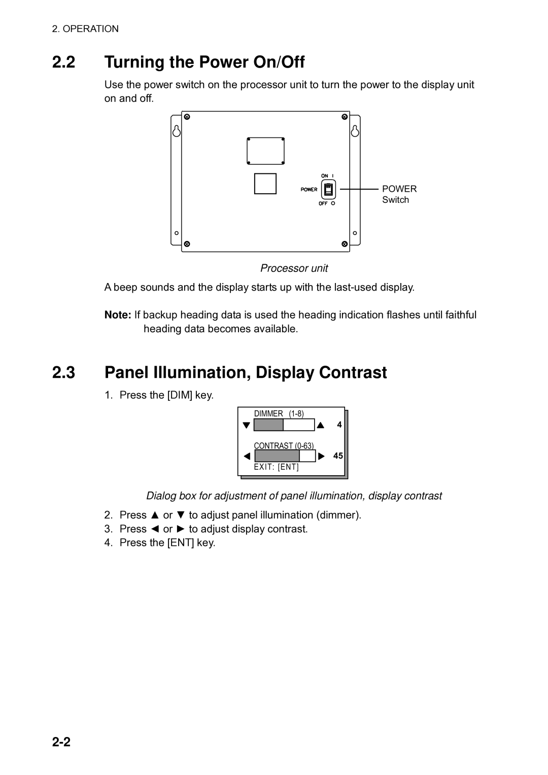 Furuno Sc 50 manual Turning the Power On/Off, Panel Illumination, Display Contrast, Processor unit 