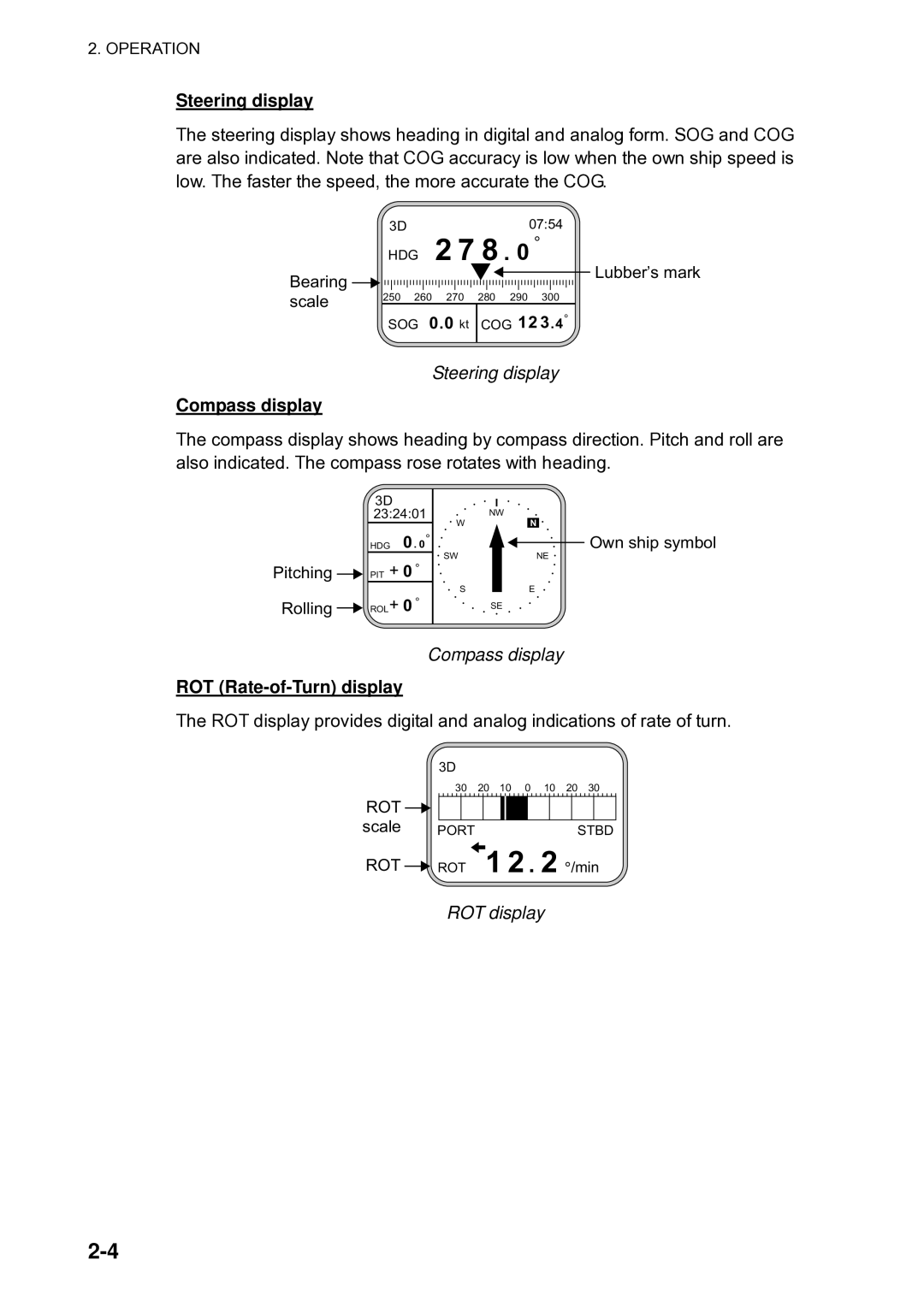 Furuno Sc 50 manual Steering display, Compass display, ROT Rate-of-Turn display 