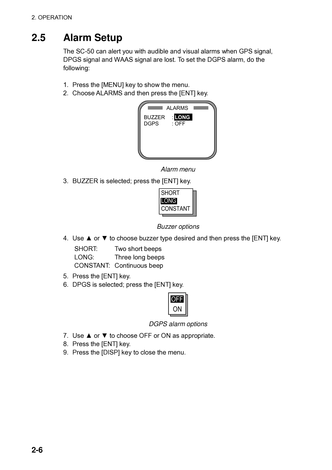 Furuno Sc 50 manual Alarm Setup, Alarm menu, Buzzer options, Dgps alarm options 