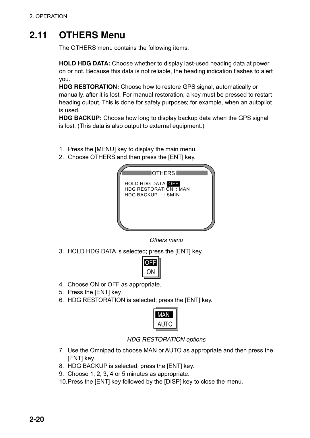 Furuno Sc 50 manual Others Menu, Others menu, HDG Restoration options 