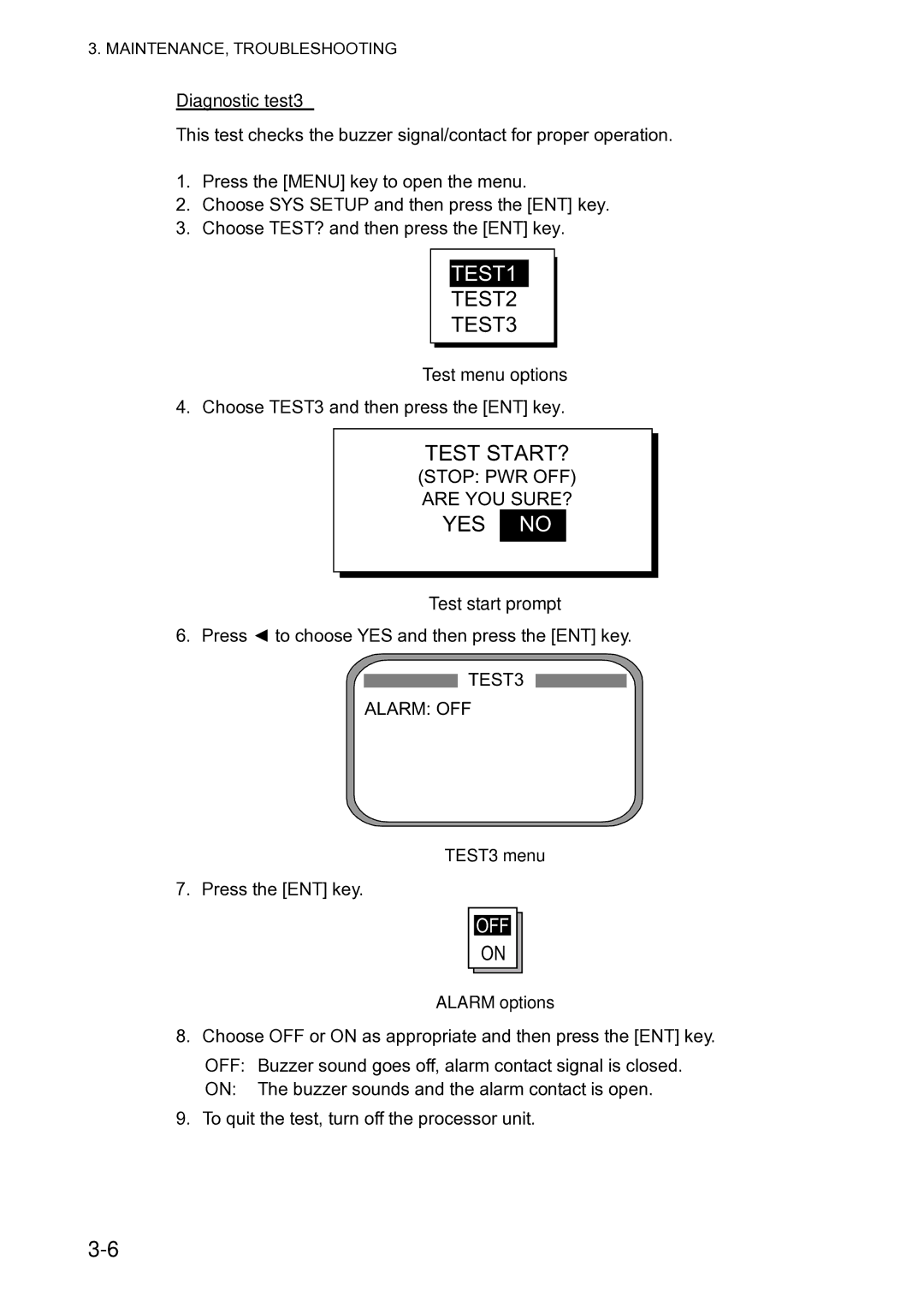 Furuno Sc 50 manual Diagnostic test3, TEST3 menu, Alarm options 