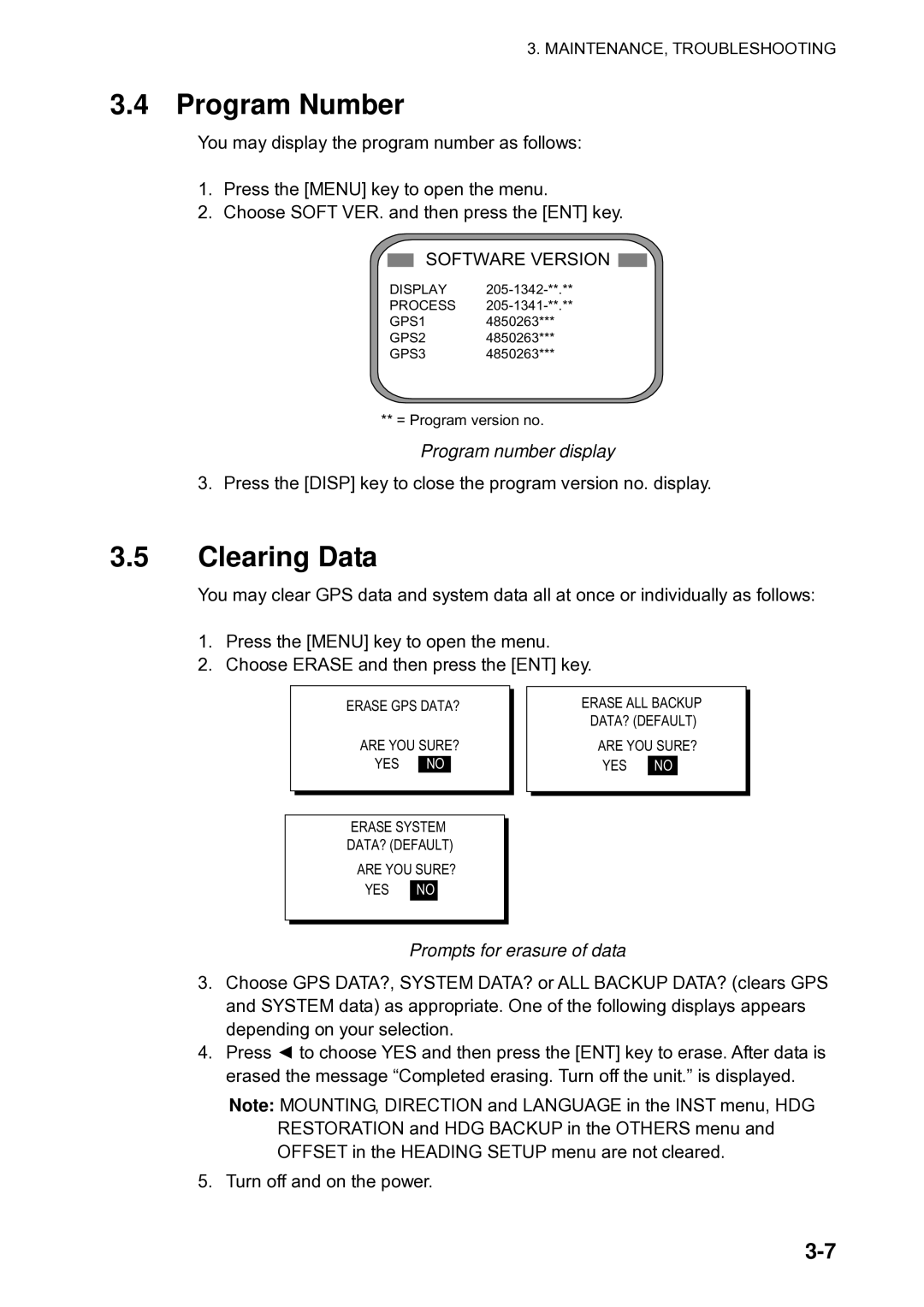 Furuno Sc 50 manual Program Number, Clearing Data, Program number display, Prompts for erasure of data 