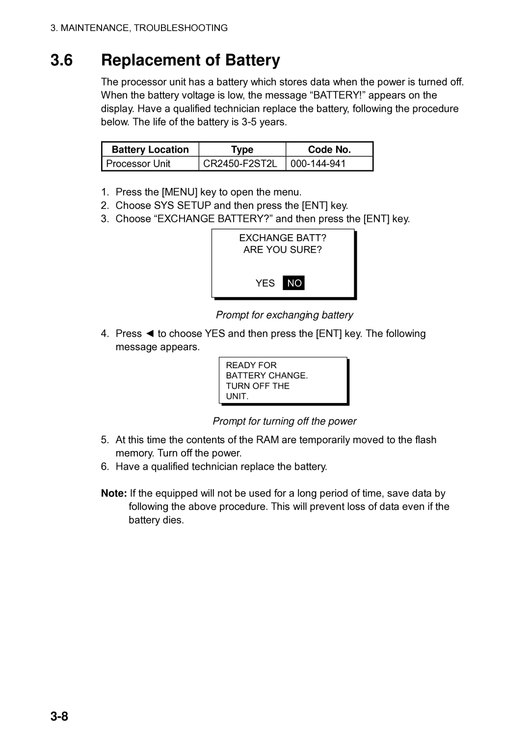 Furuno Sc 50 manual Replacement of Battery, Battery Location Type Code No, Prompt for exchanging battery 