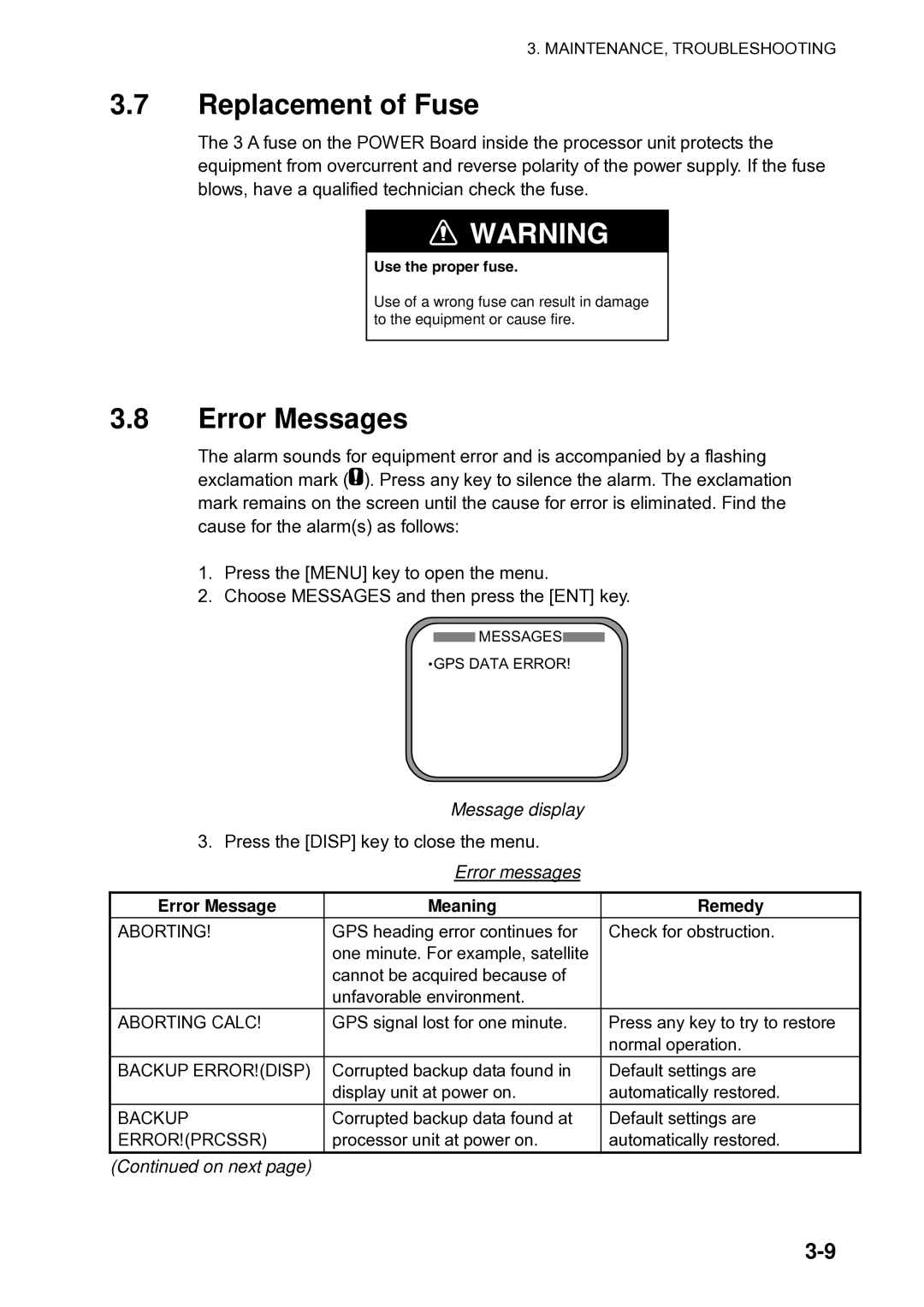 Furuno Sc 50 manual Replacement of Fuse, Error Messages, Message display, Error Message Meaning Remedy, On next 