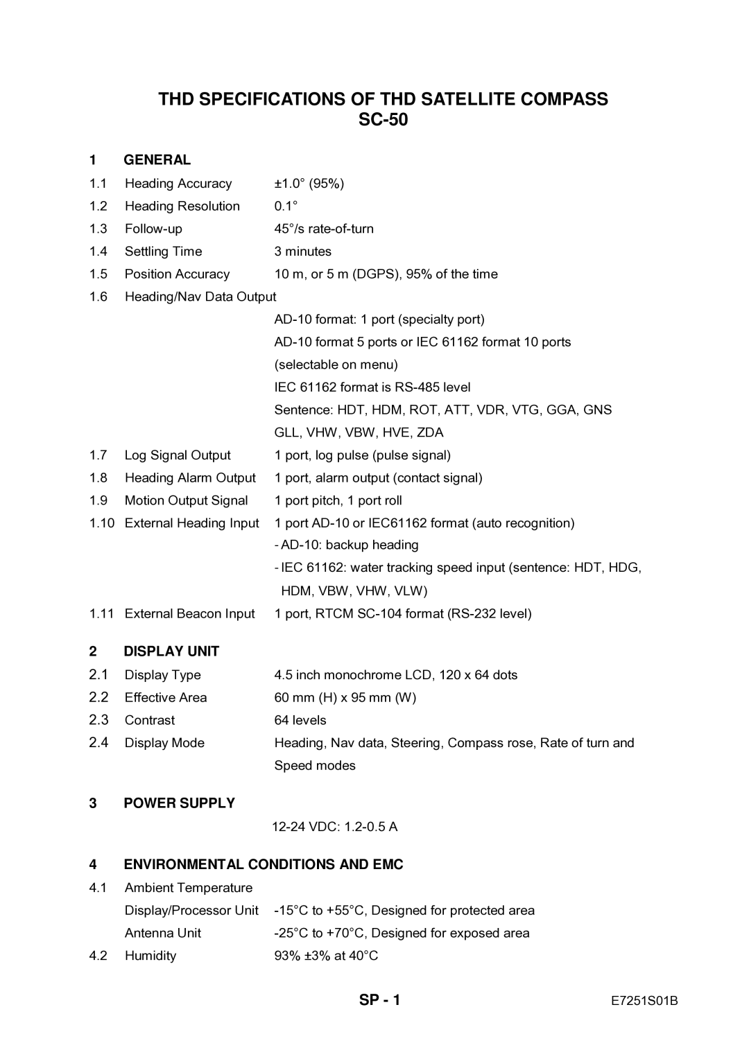 Furuno Sc 50 manual THD Specifications of THD Satellite Compass, SC-50 