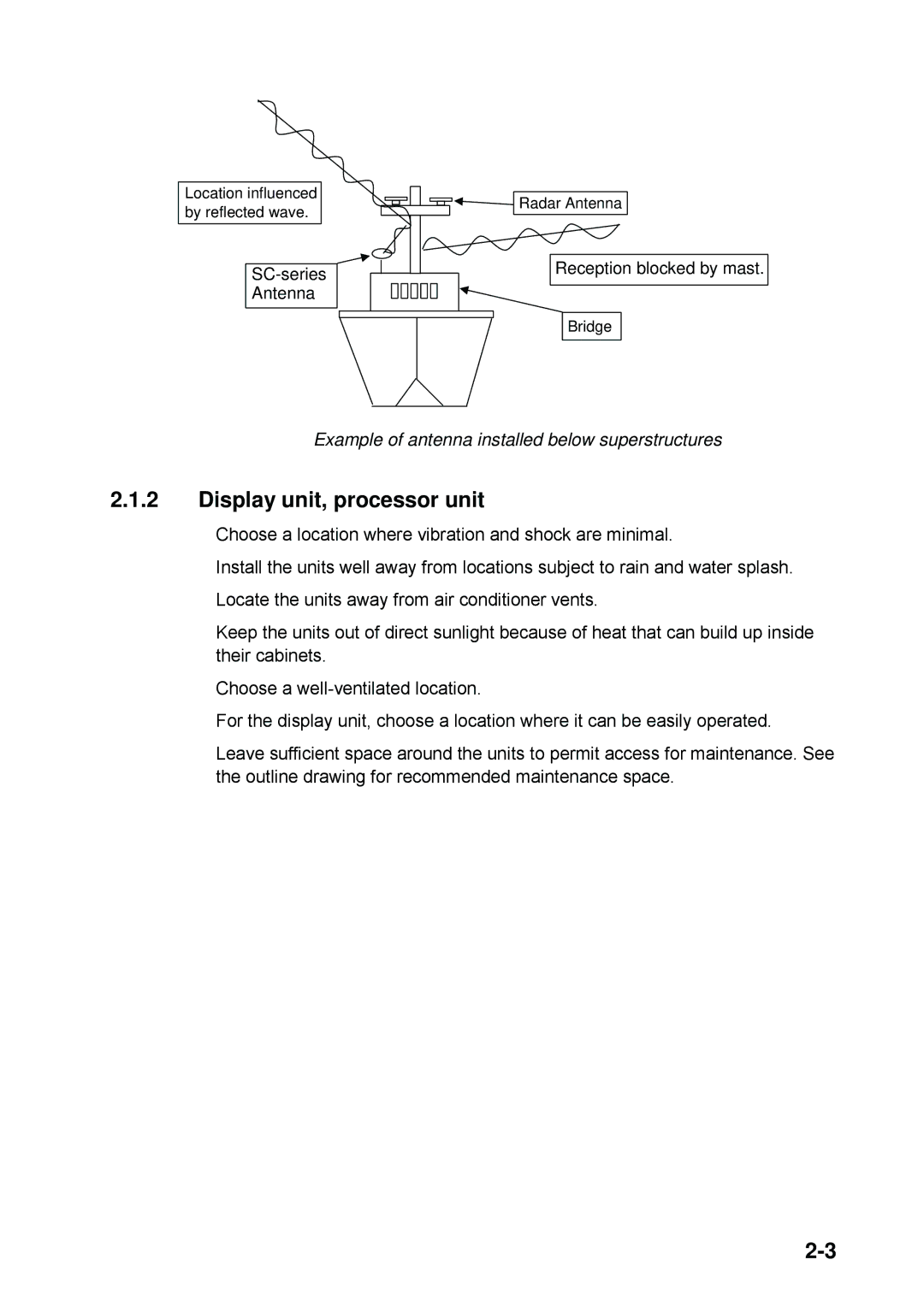 Furuno SC-60 manual Display unit, processor unit, Example of antenna installed below superstructures 