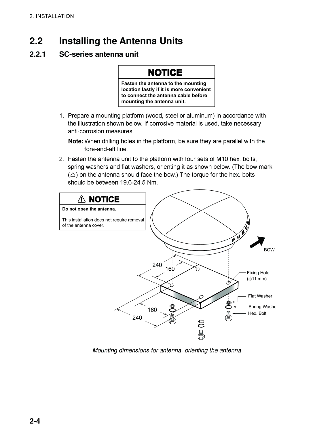 Furuno SC-60 manual Installing the Antenna Units, Mounting dimensions for antenna, orienting the antenna 