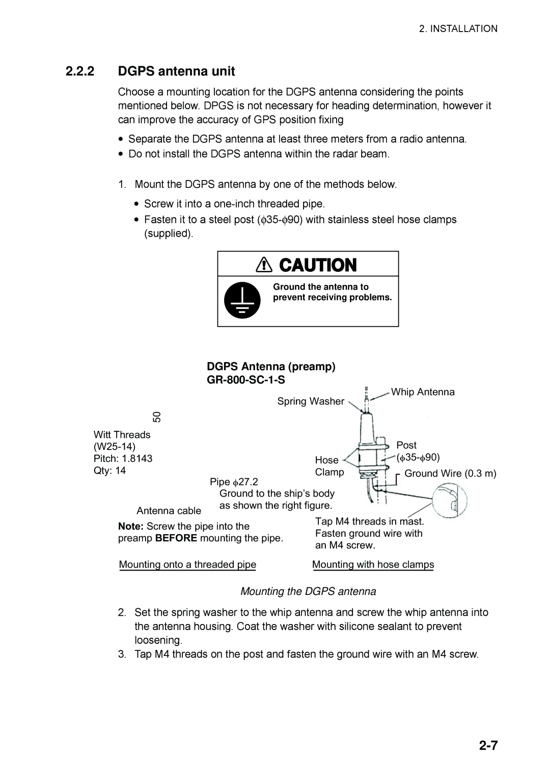 Furuno SC-60 manual Dgps antenna unit, Mounting the Dgps antenna 