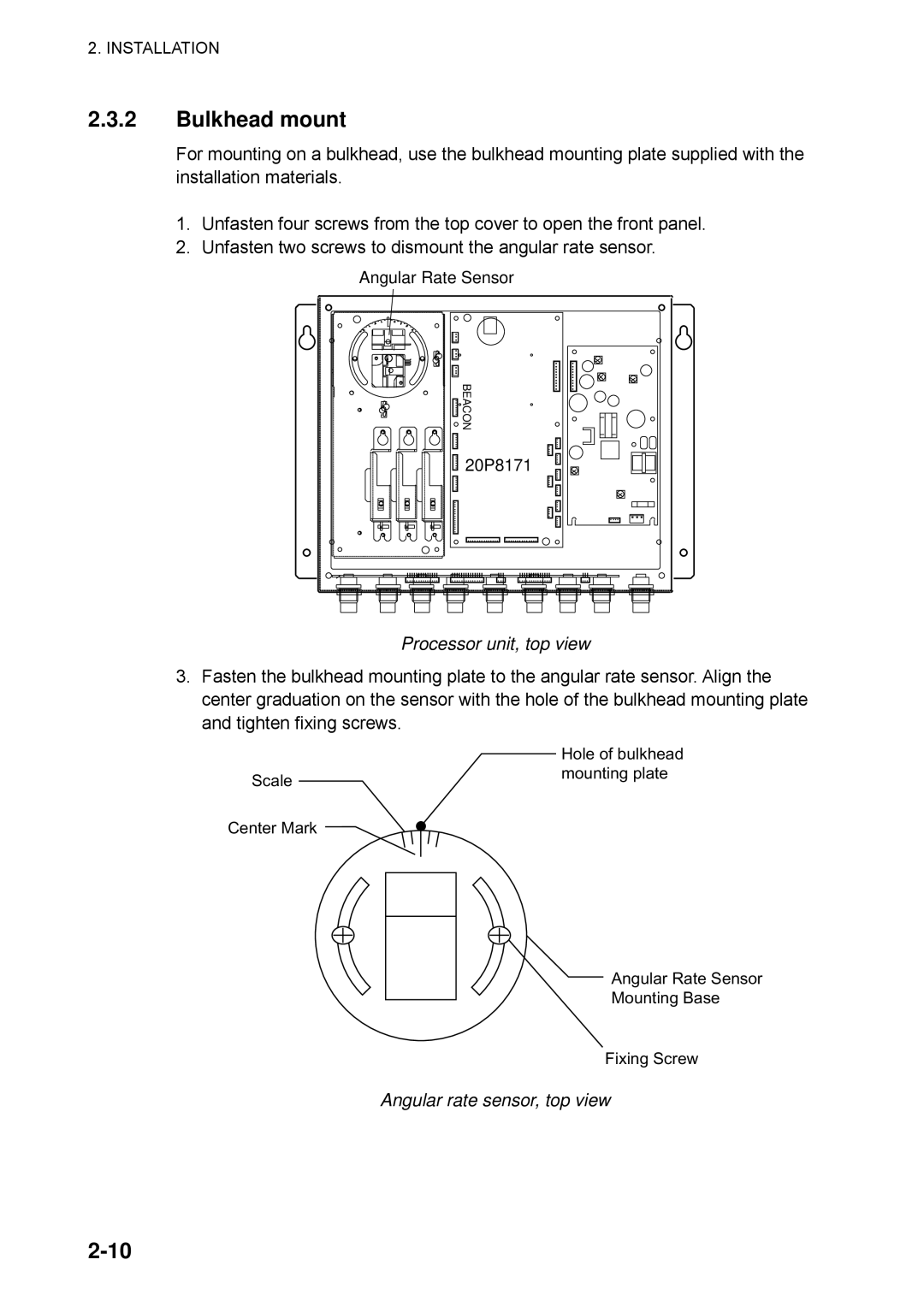 Furuno SC-60 manual Bulkhead mount, Processor unit, top view, Angular rate sensor, top view 