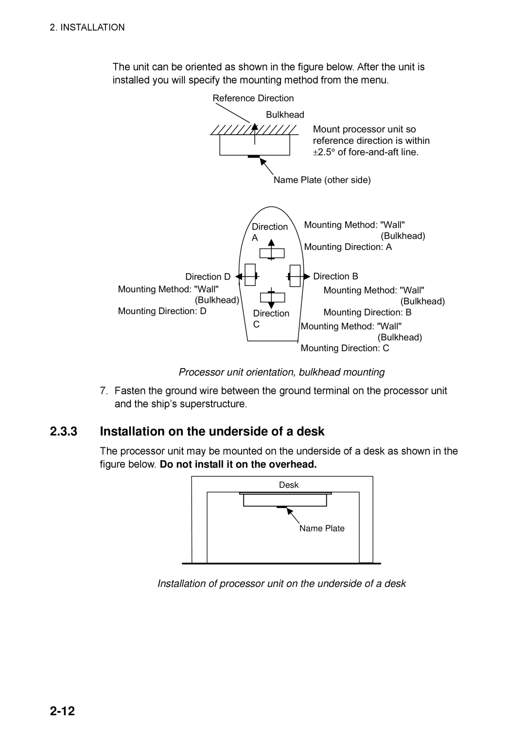 Furuno SC-60 manual Installation on the underside of a desk, Processor unit orientation, bulkhead mounting 