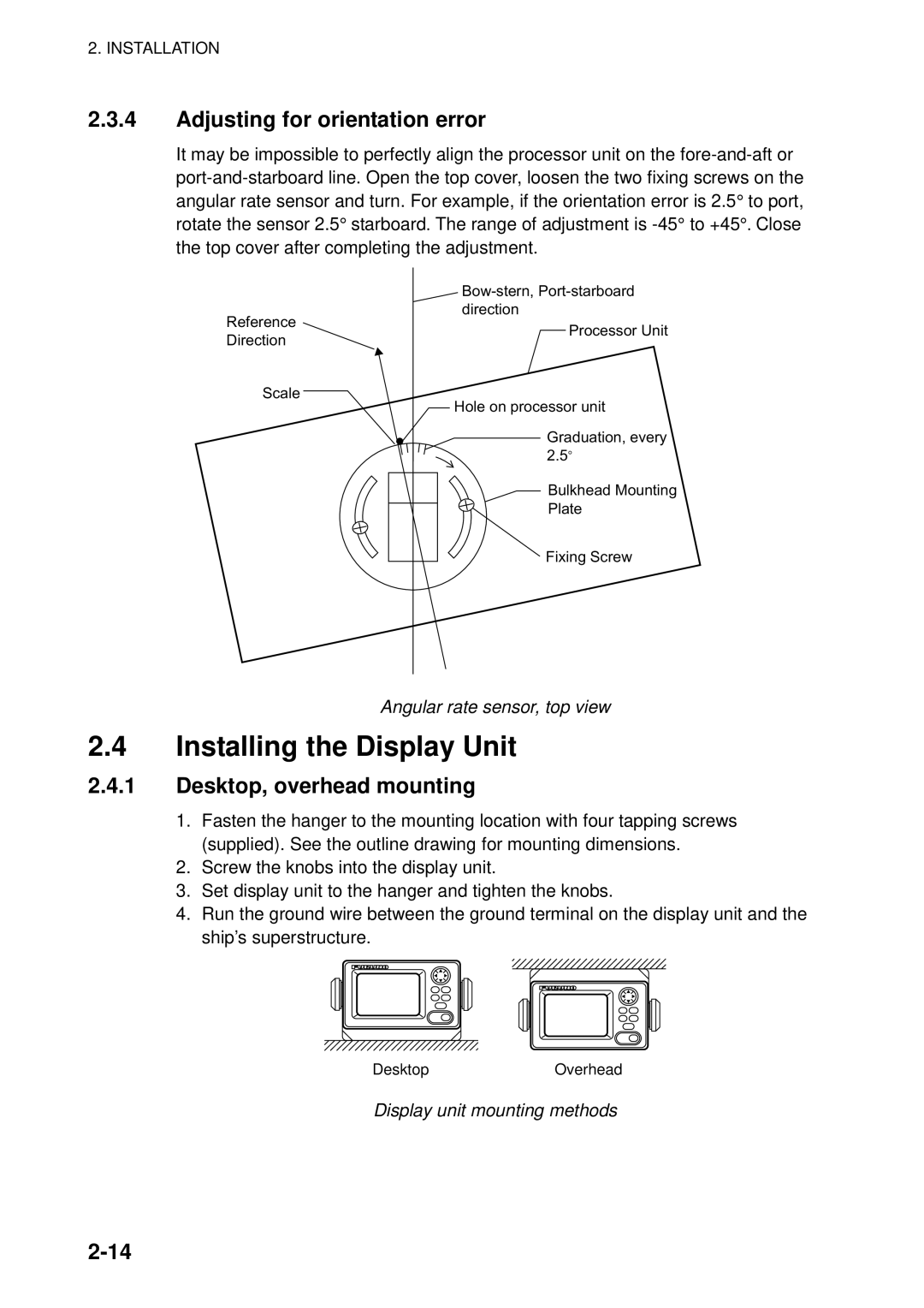 Furuno SC-60 manual Installing the Display Unit, Adjusting for orientation error, Desktop, overhead mounting 