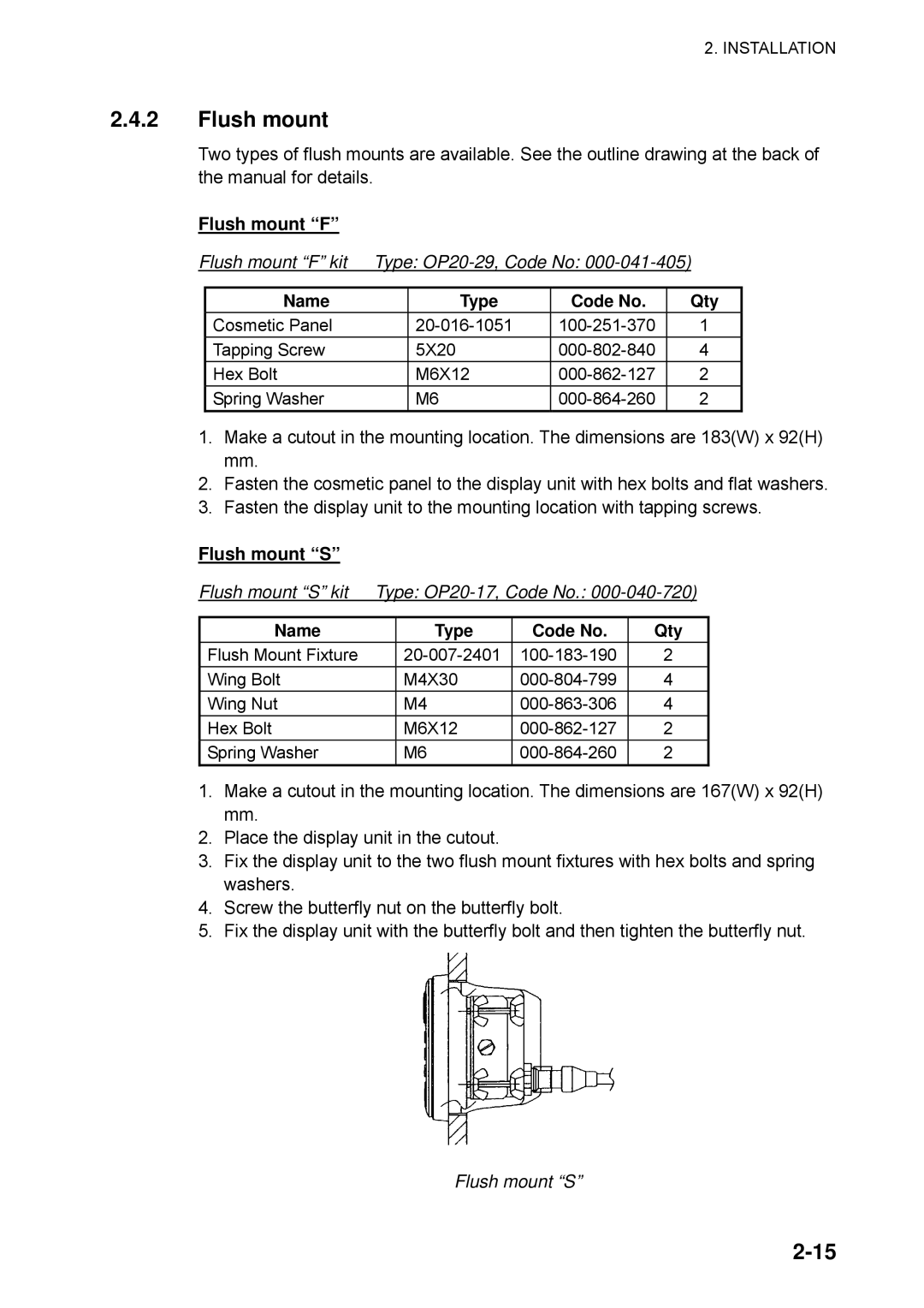 Furuno SC-60 manual Flush mount F, Name Type, Flush mount S 