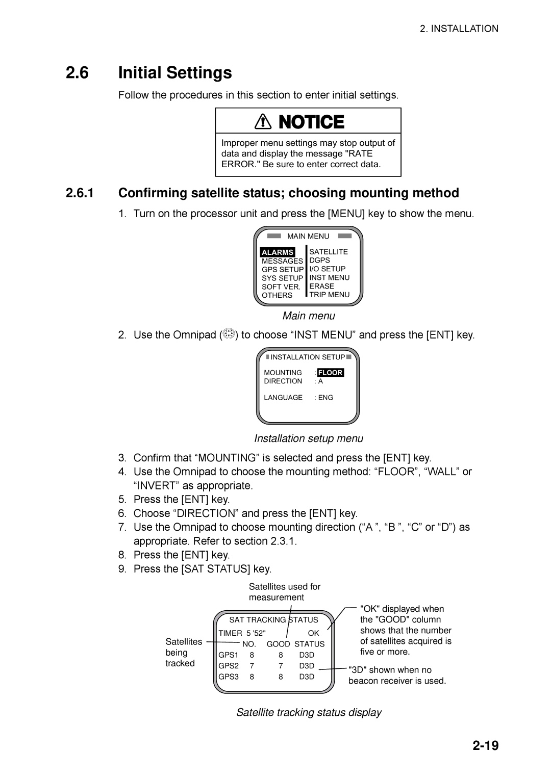 Furuno SC-60 Initial Settings, Confirming satellite status choosing mounting method, Main menu, Installation setup menu 