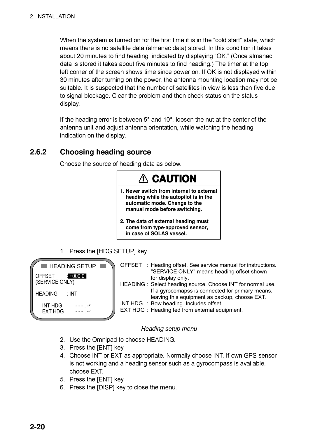 Furuno SC-60 manual Choosing heading source, Heading setup menu 