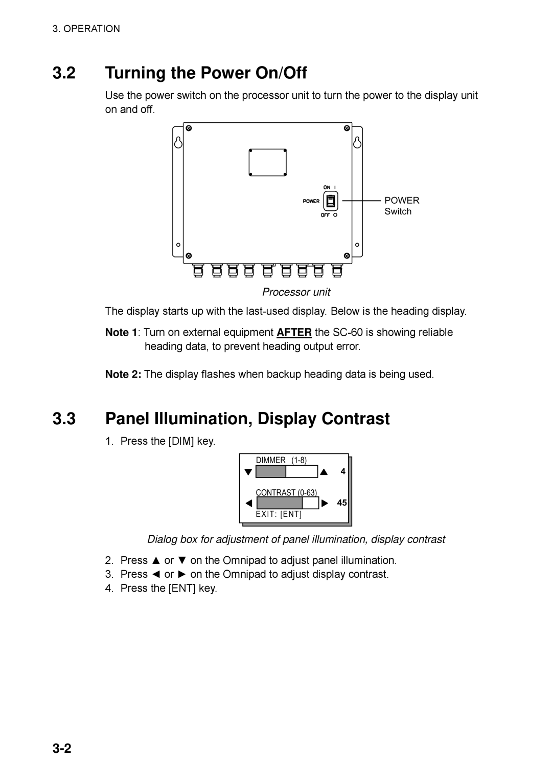 Furuno SC-60 manual Turning the Power On/Off, Panel Illumination, Display Contrast, Processor unit 