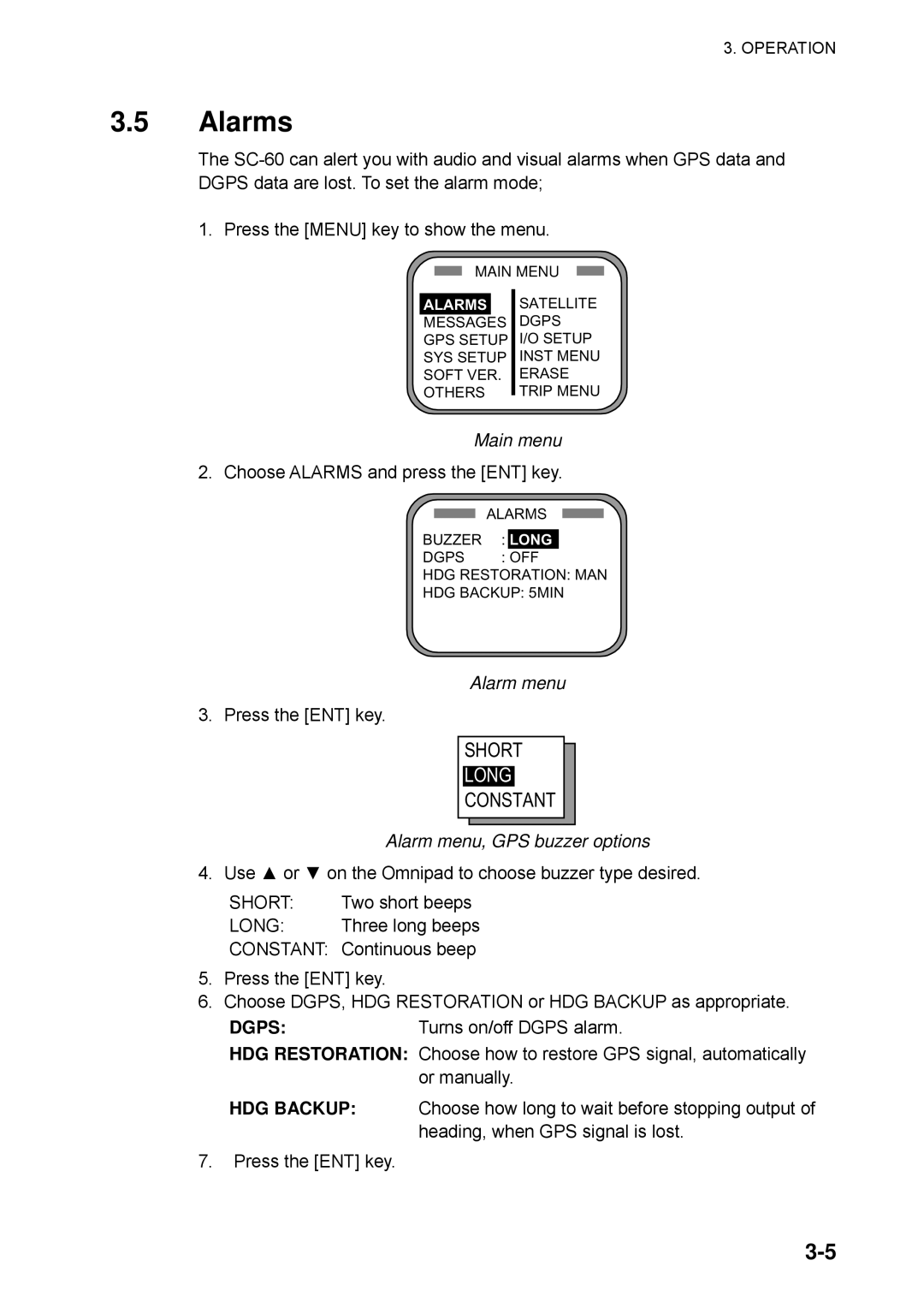 Furuno SC-60 manual Alarms, Alarm menu, GPS buzzer options 
