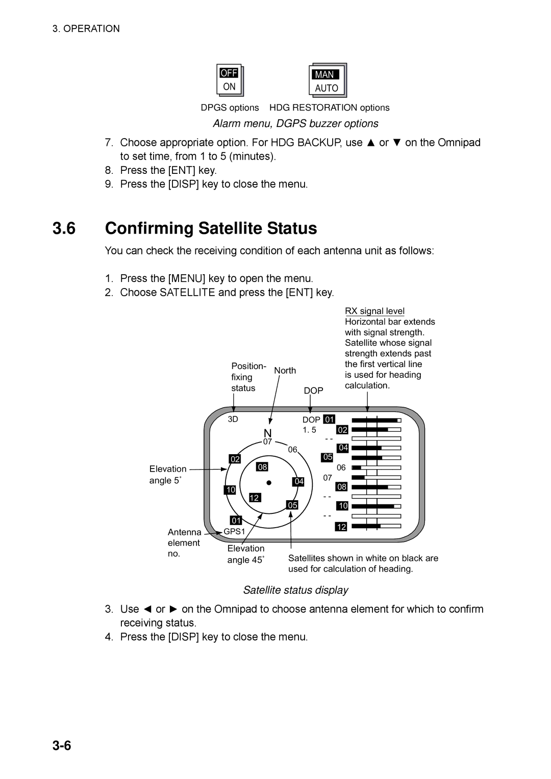 Furuno SC-60 manual Confirming Satellite Status, Alarm menu, Dgps buzzer options, Satellite status display 