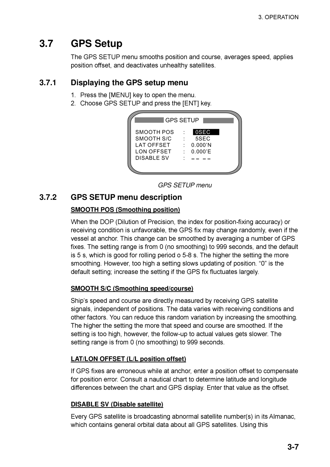 Furuno SC-60 manual Displaying the GPS setup menu, GPS Setup menu description 