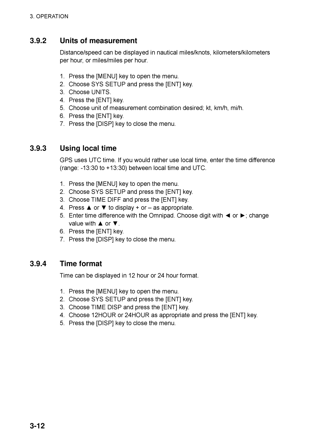 Furuno SC-60 manual Units of measurement, Using local time, Time format 