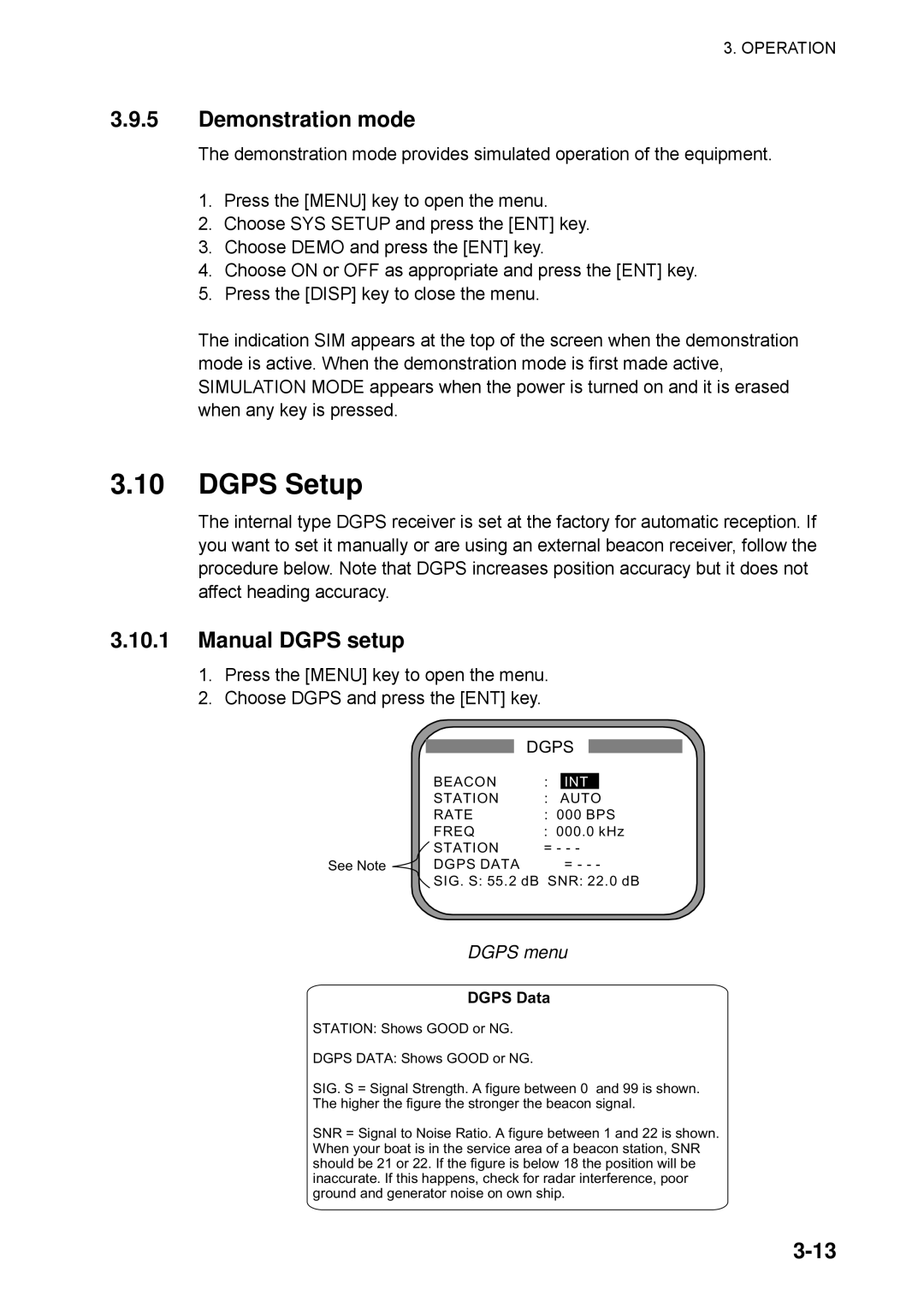 Furuno SC-60 manual Dgps Setup, Demonstration mode, Manual Dgps setup, Dgps menu 