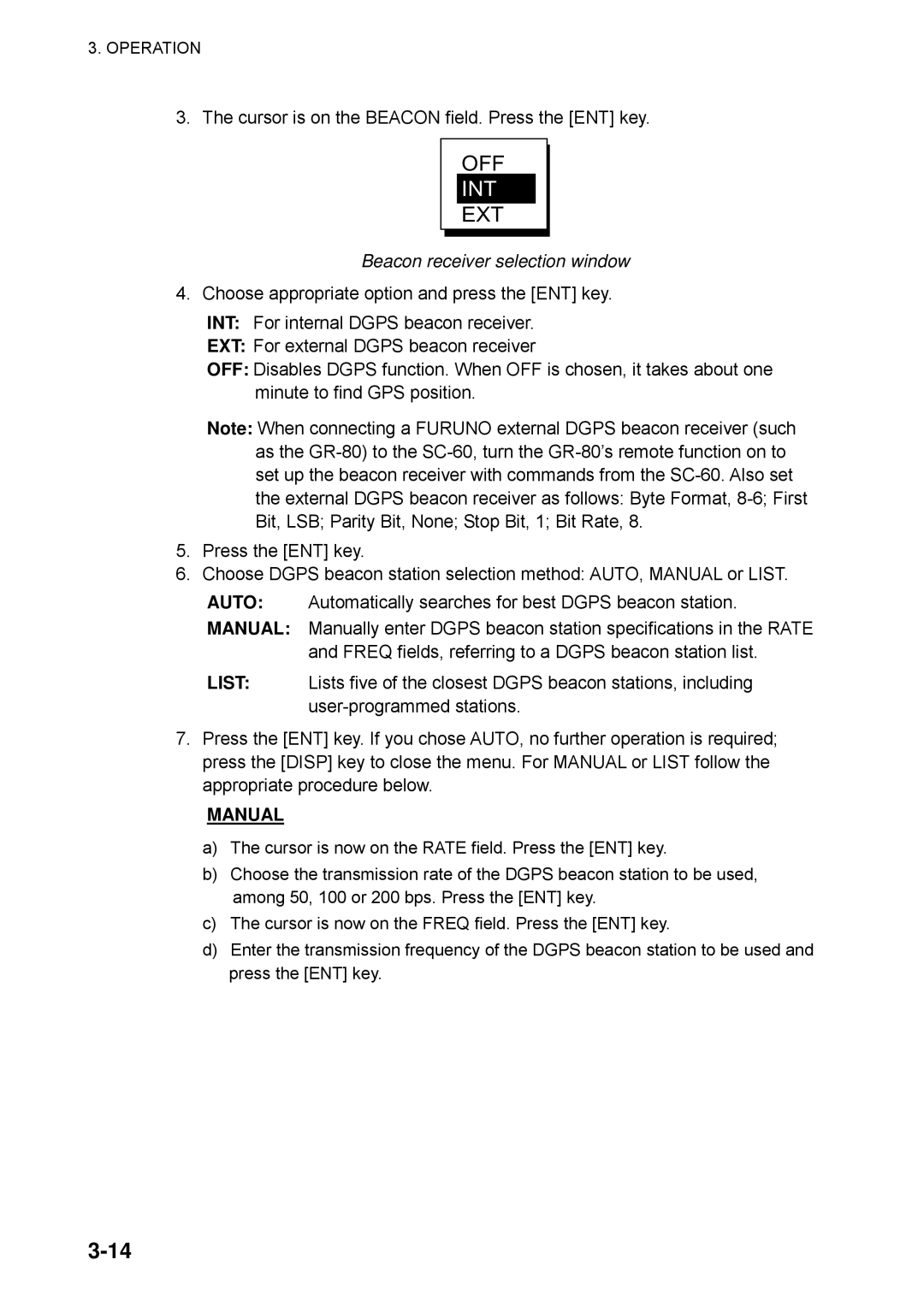 Furuno SC-60 manual Int, Beacon receiver selection window 