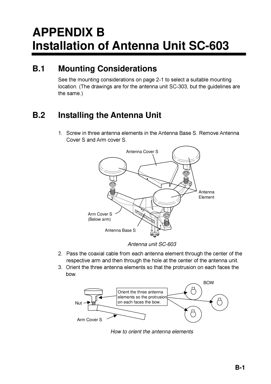 Furuno manual Appendix B, Installing the Antenna Unit, Antenna unit SC-603, How to orient the antenna elements 