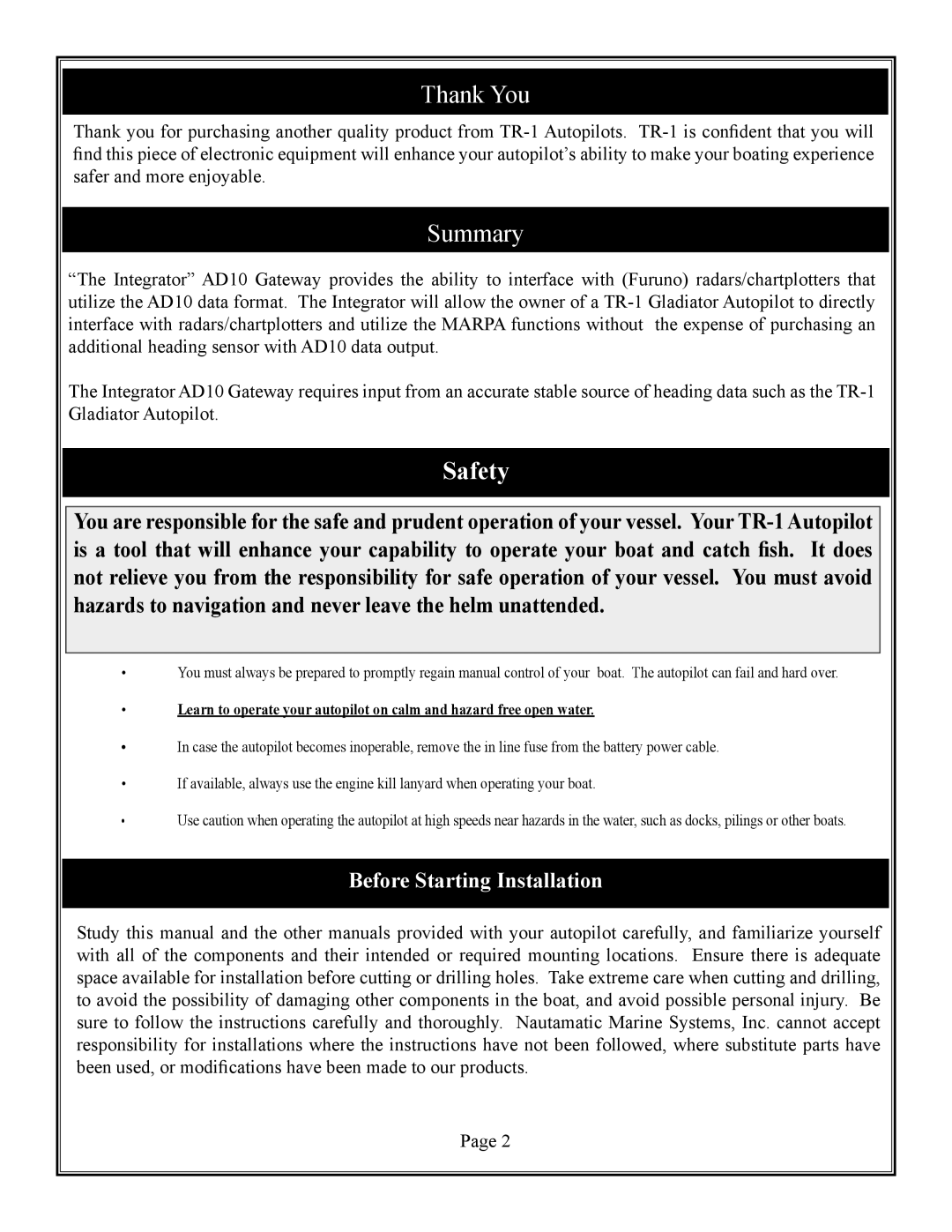 Furuno TR-1 user manual Thank You, Summary 