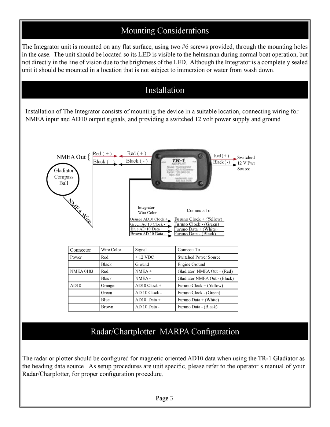 Furuno TR-1 user manual Mounting Considerations, Installation, Radar/Chartplotter Marpa Configuration 