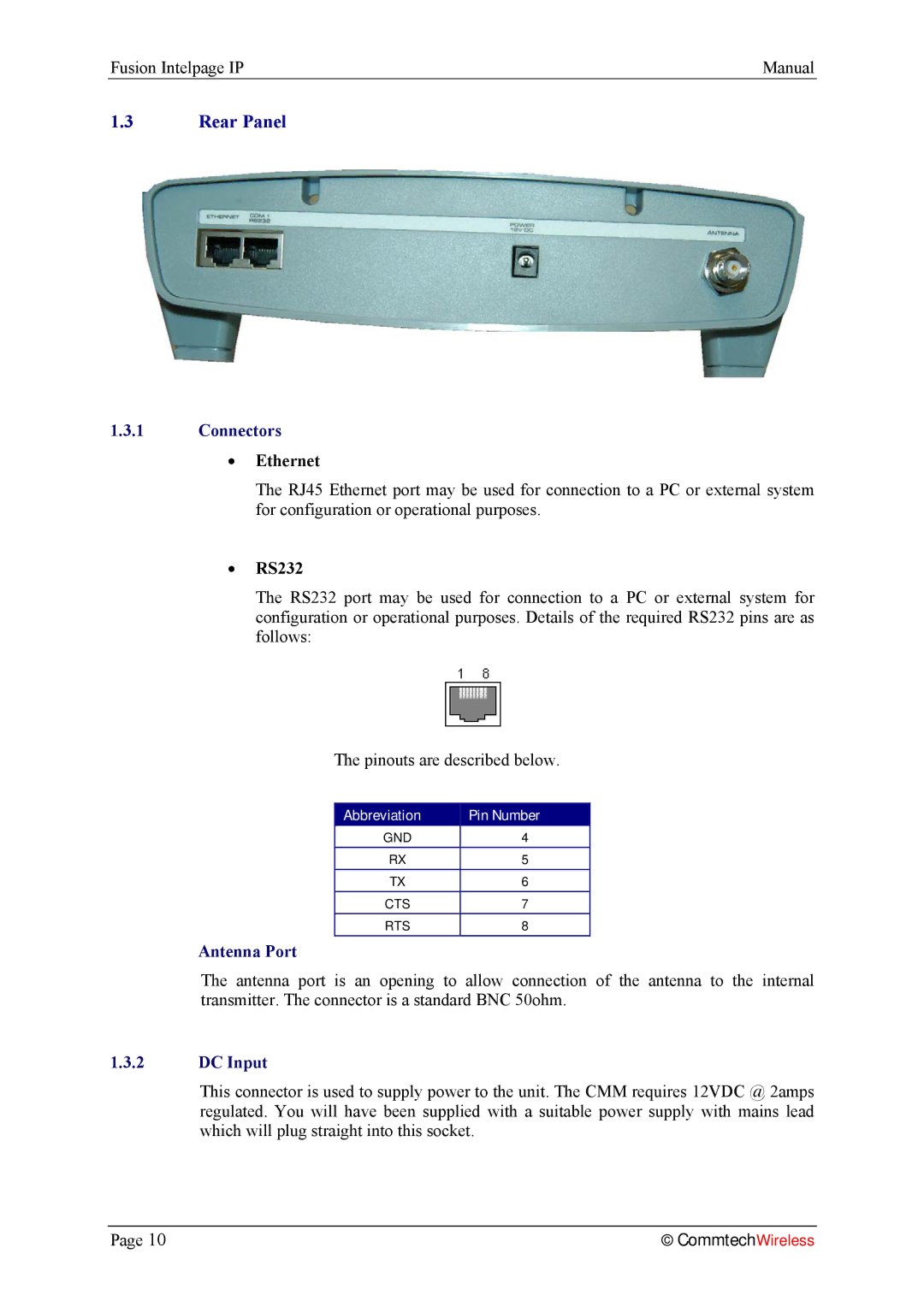 Fusion 2.1, INTELPage IP 5 manual Rear Panel, Connectors, Antenna Port, DC Input 