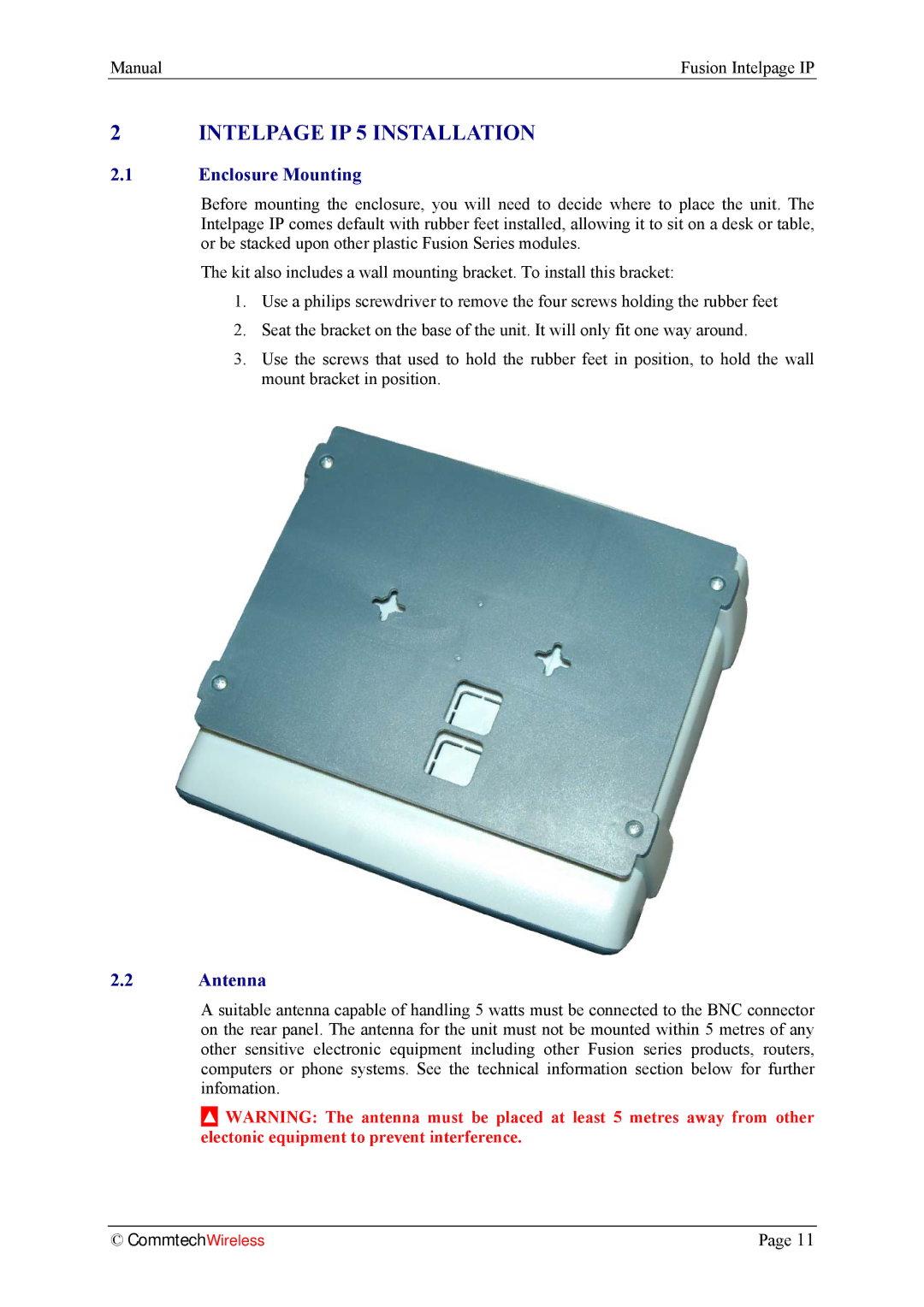 Fusion INTELPage IP 5, 2.1 manual Enclosure Mounting, Antenna 