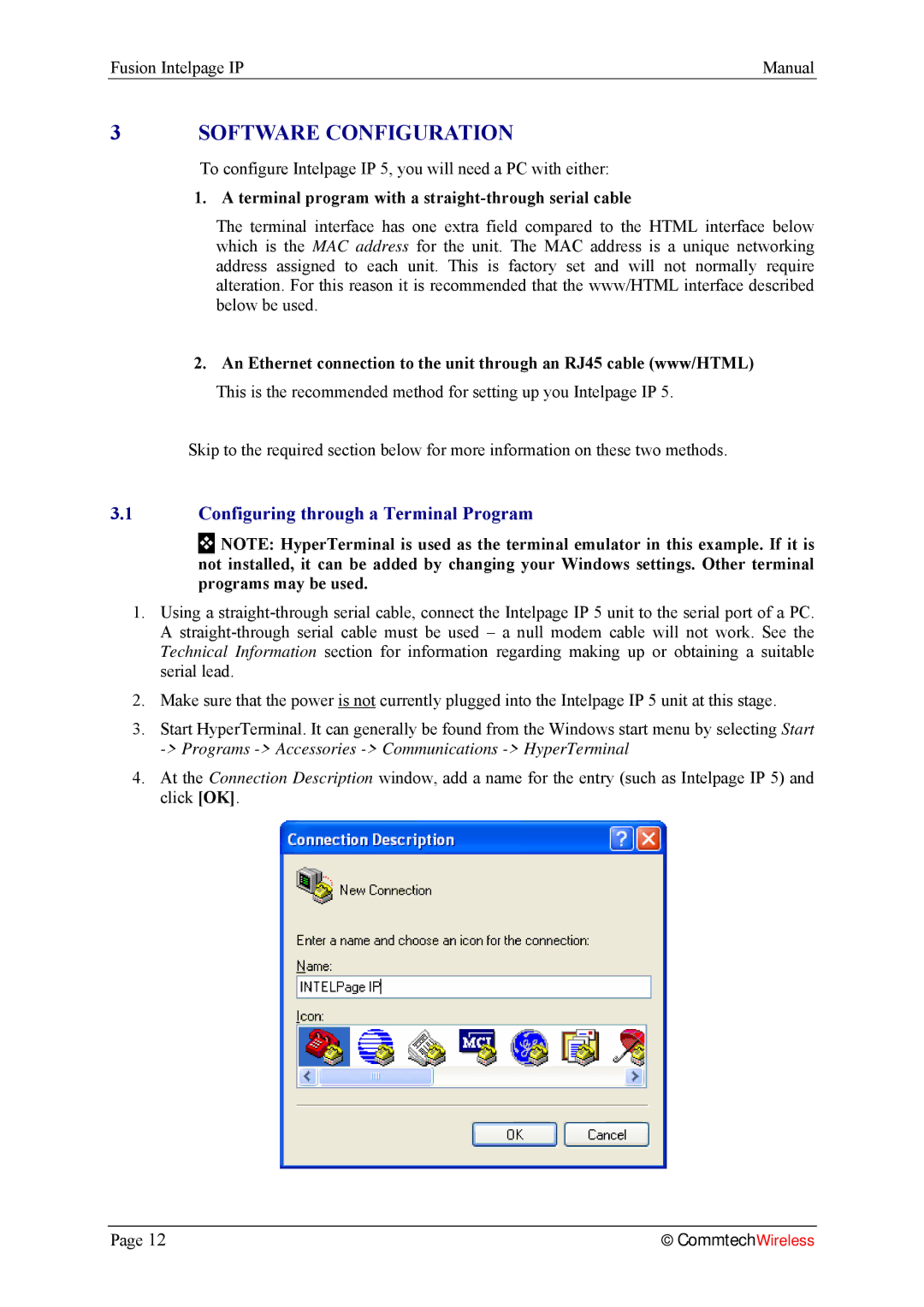 Fusion 2.1, INTELPage IP 5 manual Software Configuration, Configuring through a Terminal Program 