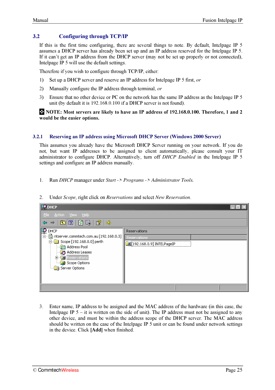 Fusion INTELPage IP 5, 2.1 manual Configuring through TCP/IP, Run Dhcp manager under Start Programs Administrator Tools 