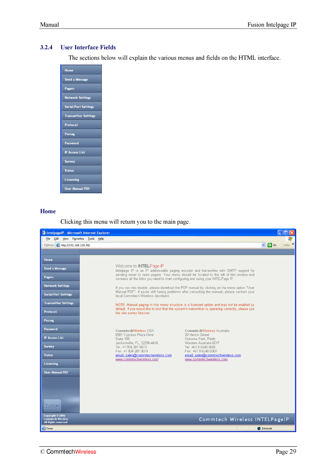 Fusion INTELPage IP 5, 2.1 manual User Interface Fields, Home 