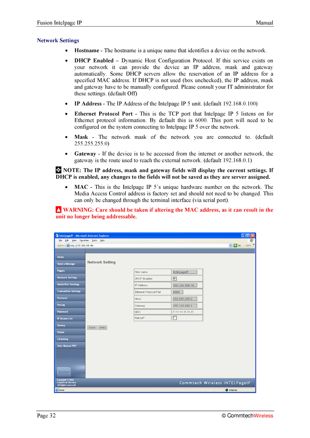 Fusion 2.1, INTELPage IP 5 manual Network Settings 