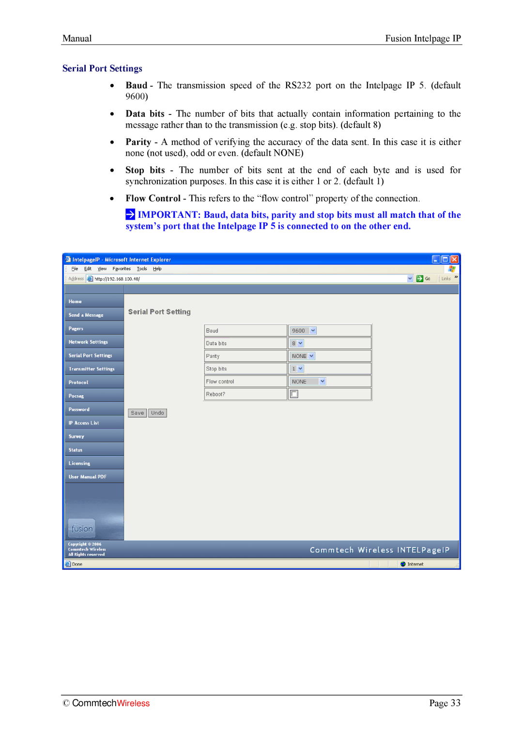 Fusion INTELPage IP 5, 2.1 manual Serial Port Settings 