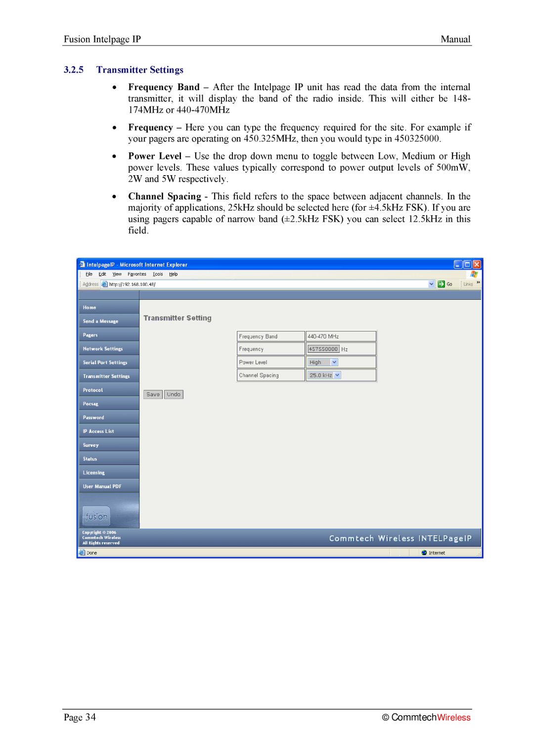 Fusion 2.1, INTELPage IP 5 manual Transmitter Settings 