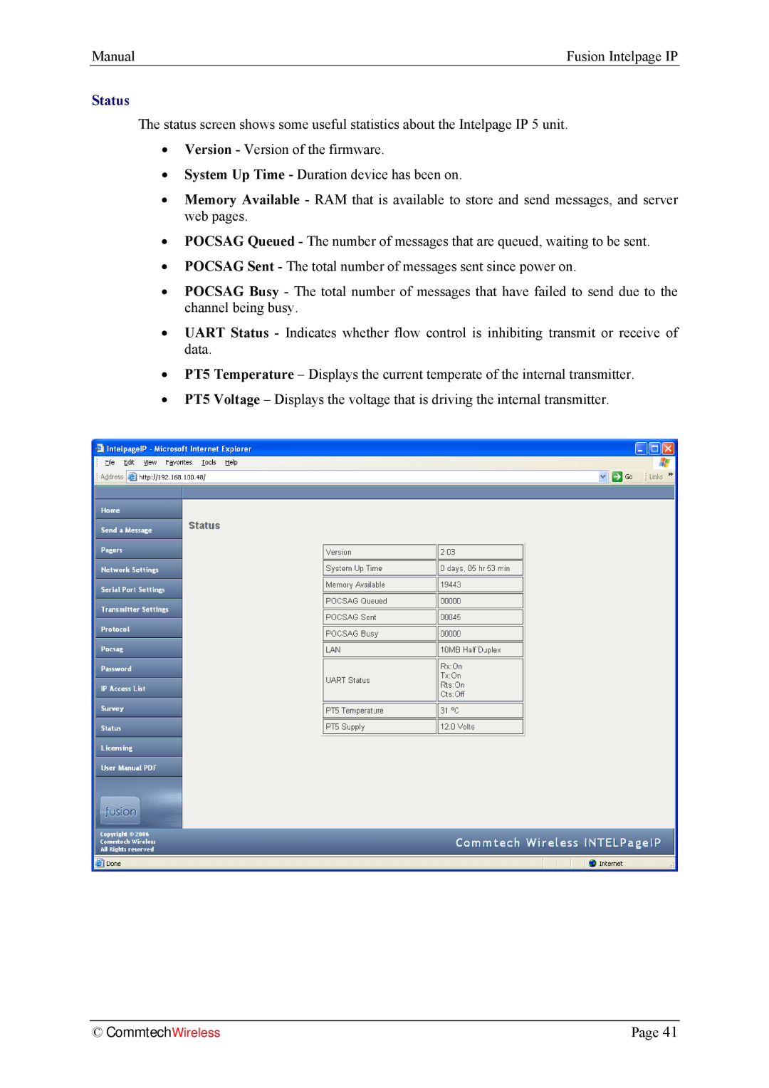 Fusion INTELPage IP 5, 2.1 manual Status 