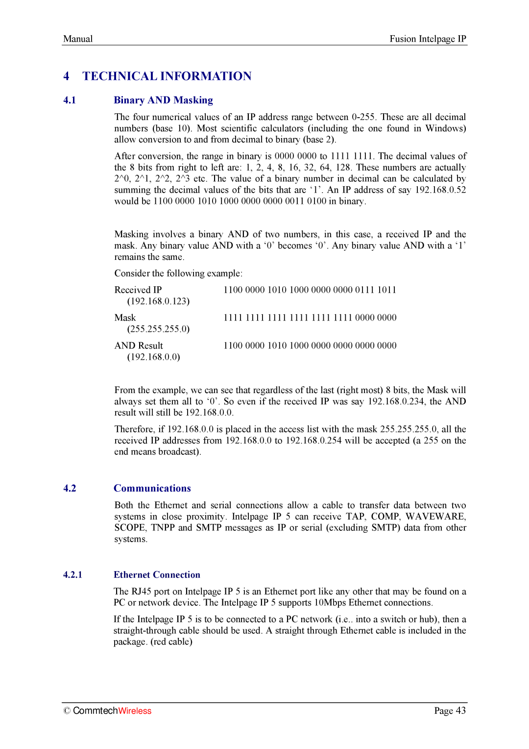 Fusion INTELPage IP 5, 2.1 manual Binary and Masking, Communications, Ethernet Connection 