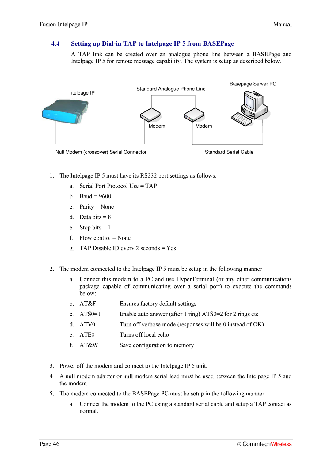 Fusion 2.1, INTELPage IP 5 manual Setting up Dial-in TAP to Intelpage IP 5 from BASEPage, At&F 