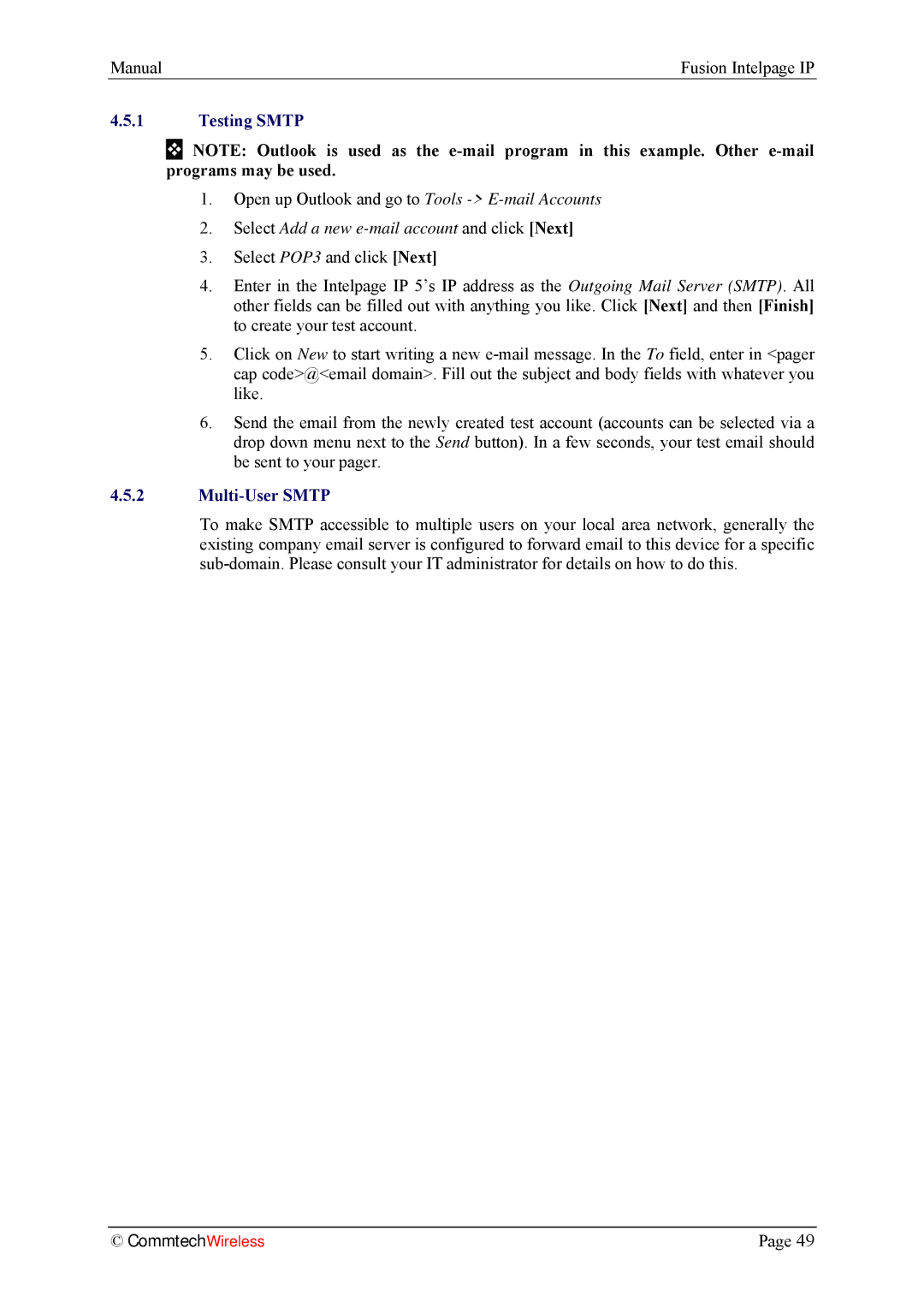 Fusion INTELPage IP 5, 2.1 manual Testing Smtp, Multi-User Smtp 
