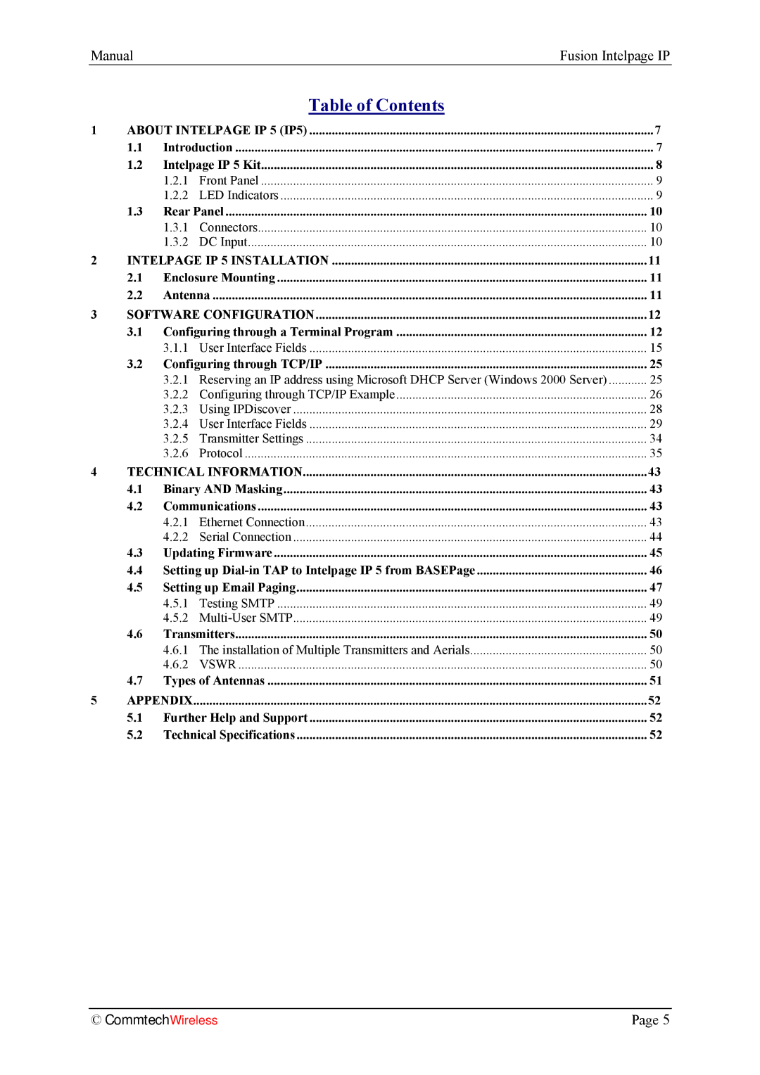 Fusion INTELPage IP 5, 2.1 manual Table of Contents 