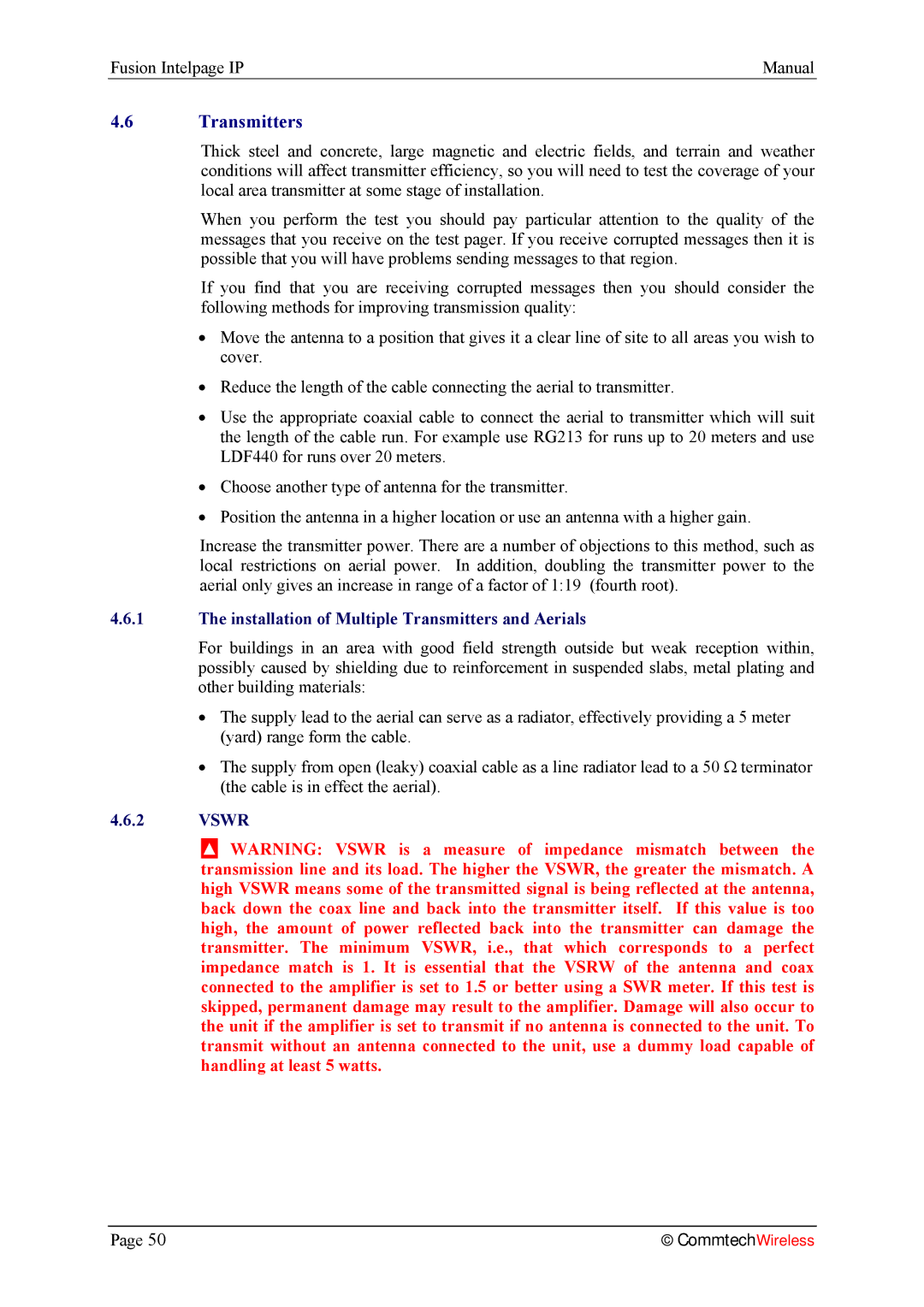 Fusion 2.1, INTELPage IP 5 manual Installation of Multiple Transmitters and Aerials, Vswr 